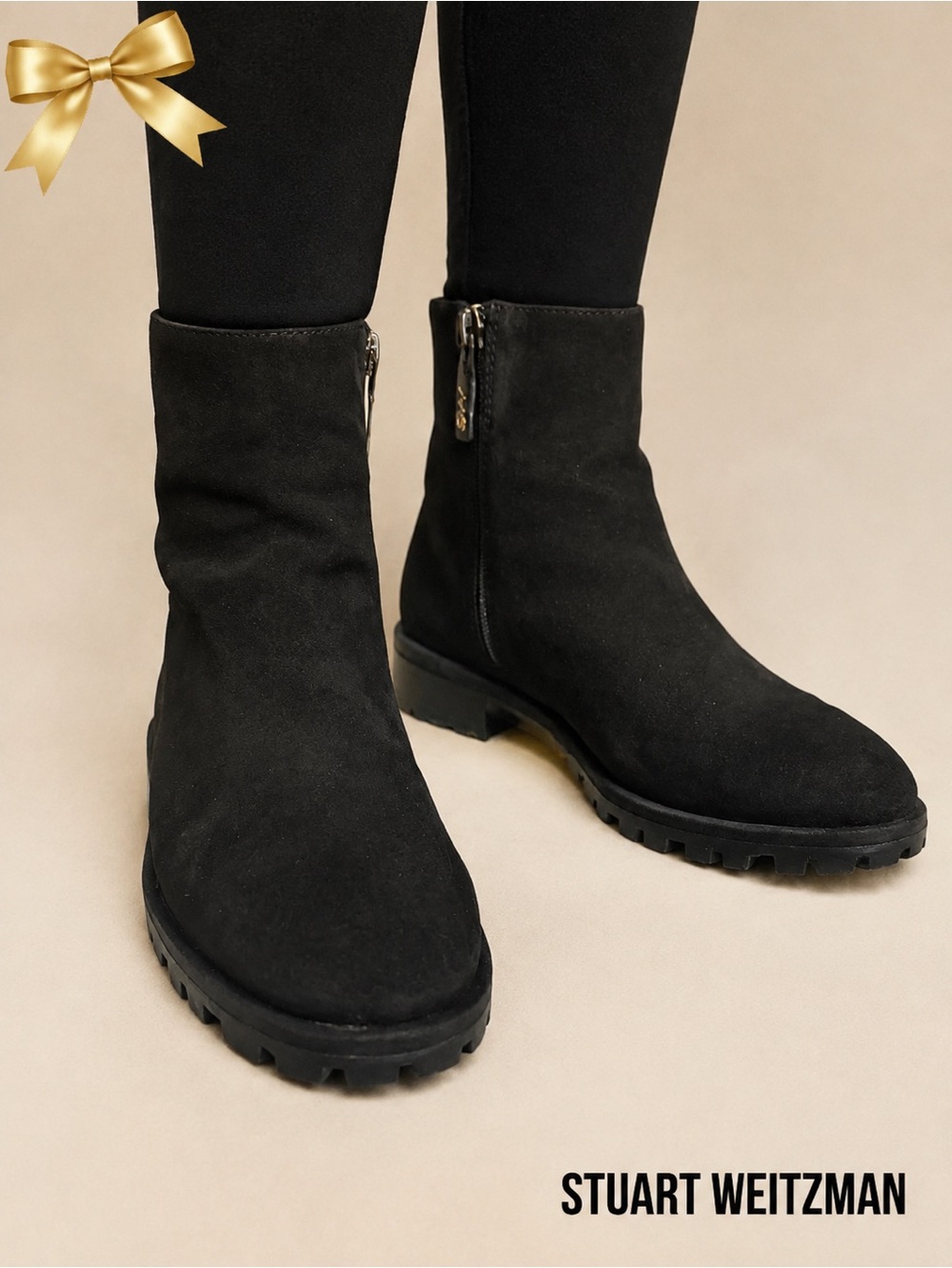 Stuart Weitzman Black Suede Lug Sole Ankle Boots Size 8.5